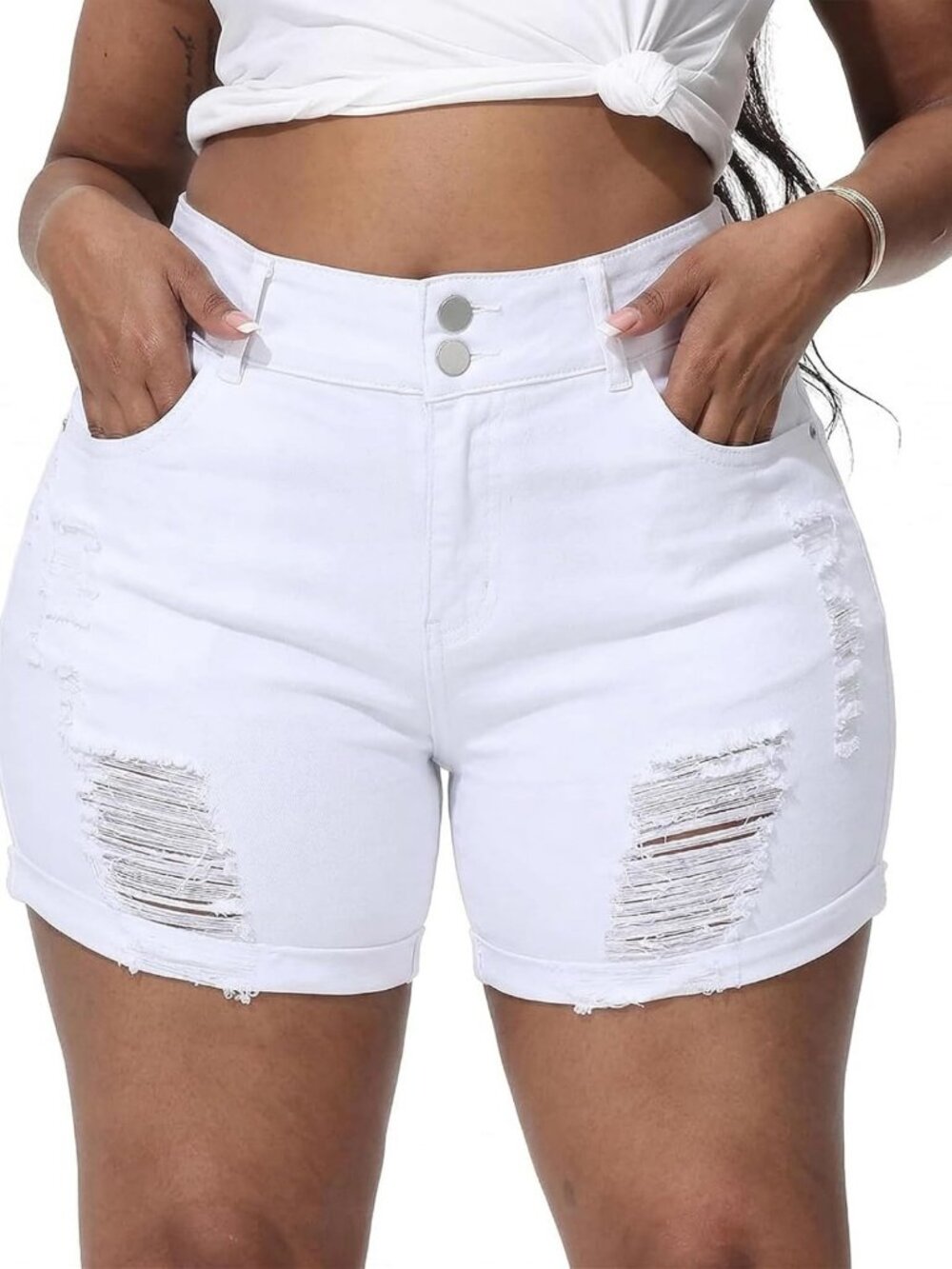 Plus Size High Waisted Distressed Jean Shorts for Women - Stretchy Denim Fold